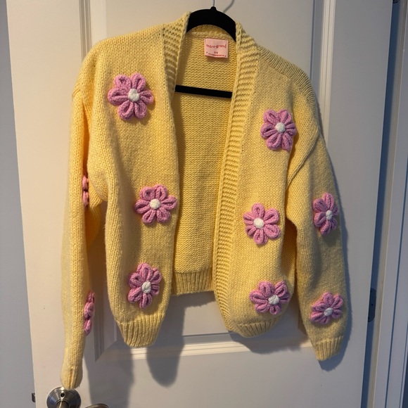 mure + grand Flowers Follow the Sun Yellow & Pink Puff Cardigan | S / M - Picture 3 of 6